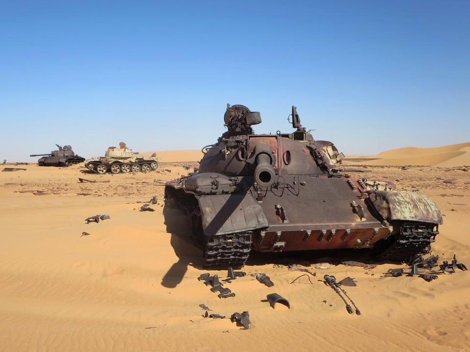 Soviet era T 55 tanks in the Libyan Sahara