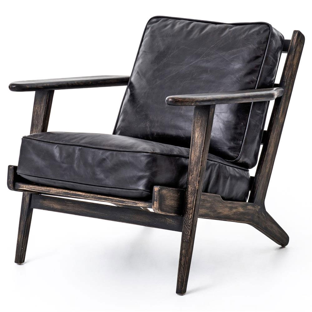 1 Rider Mid Century Black Leather Upholstered Brown Oak Wood Occasional Arm Chair